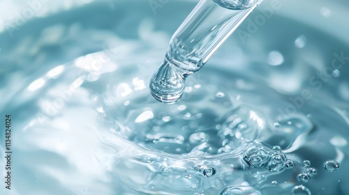 Close-up of serum droplets and dropper in a blue skincare concept
