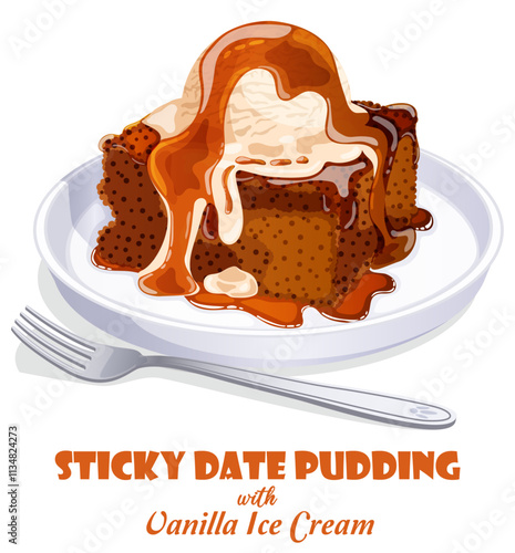 Traditional Sticky Date Pudding with Vanilla Ice Cream Scoop Served in Plate with Fork. Celebratory British Dessert Detailed Illustration