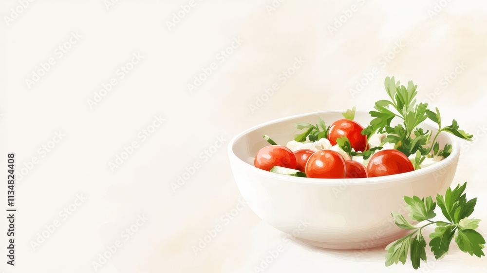 Fresh Cherry Tomatoes with Creamy Sauce and Fresh Parsley in a White Bowl on Light Background for Healthy Eating and Cooking Fresh Cherry Tomatoes with Creamy Sauce and Fresh Parsley in a White Bowl on Light Background for Healthy Eating and Cooking