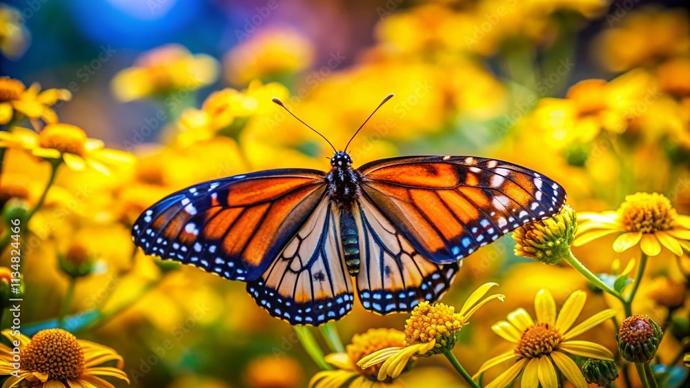 Fototapeta premium Closeup of a Colorful Butterfly Resting on Bright Yellow Flowers with Tilt-Shift Photography Effect, Showcasing Nature's Beauty and Delicate Details in a Soft Focus Background