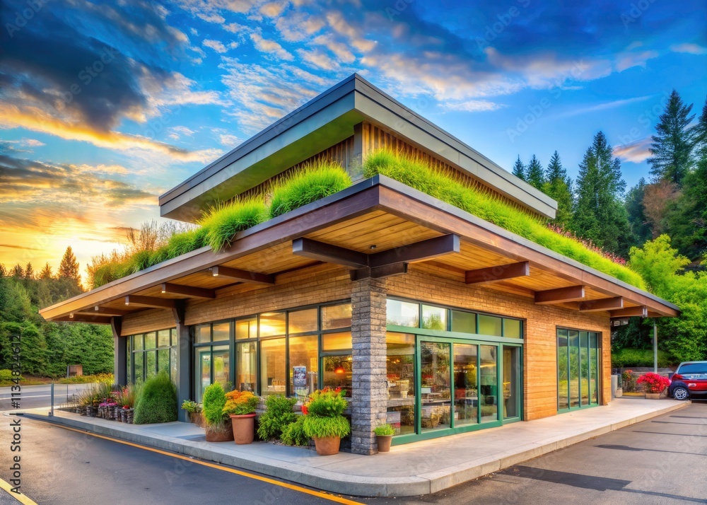 Eco-Friendly Minimart: Green Roof Suburban Design, Recycled Materials, Sustainable Architecture Eco-Friendly Minimart: Green Roof Suburban Design, Recycled Materials, Sustainable Architecture