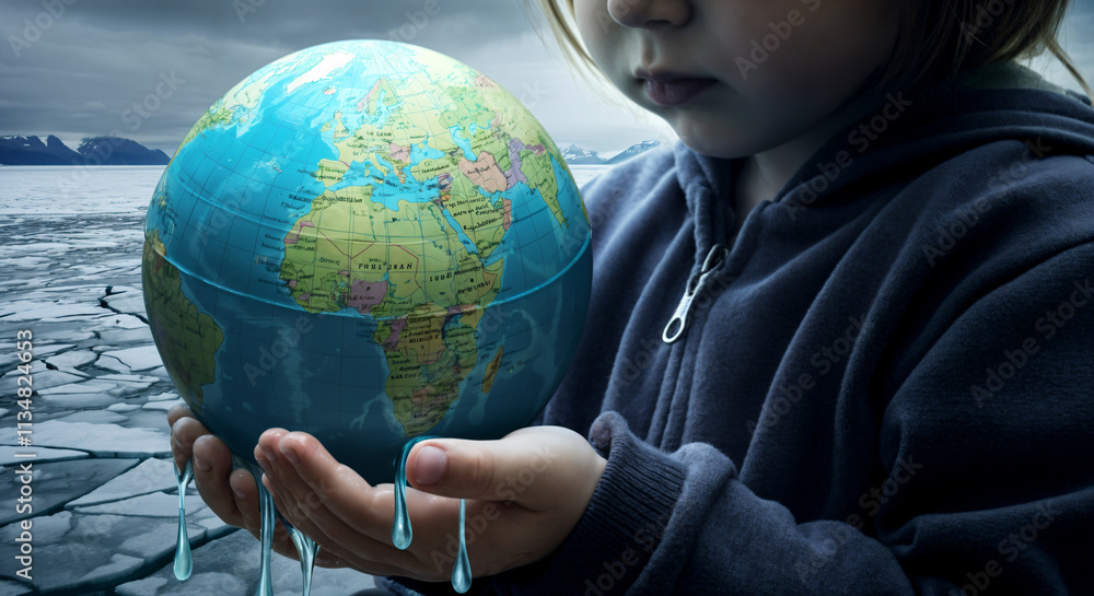 Child holding earth with melting ice background highlighting climate change Child holding earth with melting ice background highlighting climate change