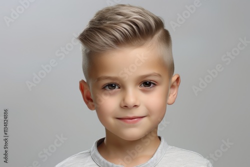 A young boy with a short haircut and a white shirt