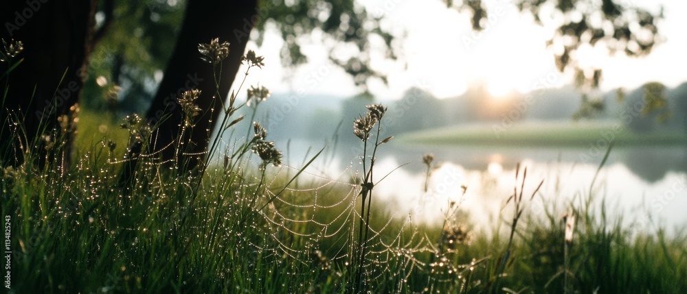 Droplets of dew shimmer in morning's early light on delicate grasses, surrounded by a tranquil lakeside landscape bathed in serenity. Droplets of dew shimmer in morning's early light on delicate grasses, surrounded by a tranquil lakeside landscape bathed in serenity.