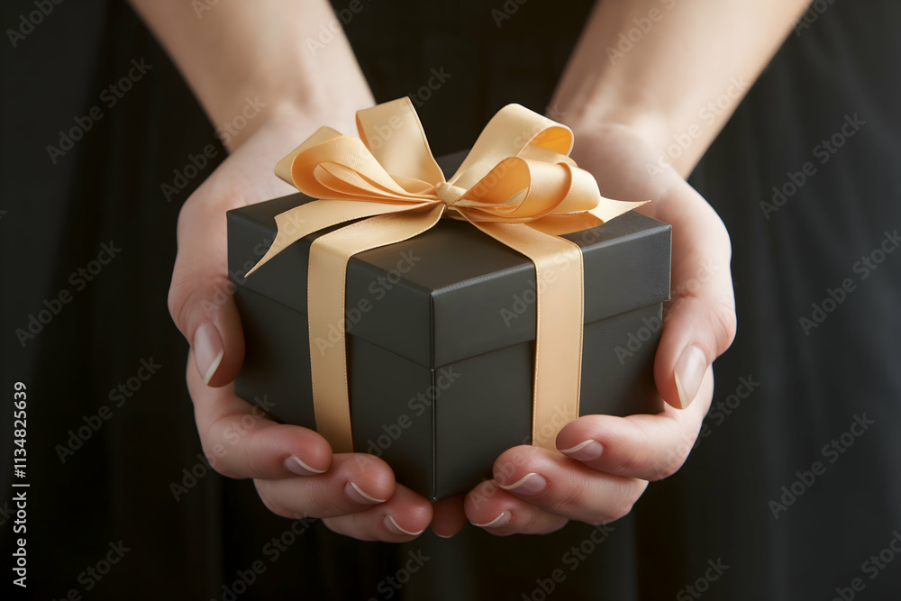 Delicate hands with gift box and golden ribbon exude elegance and thoughtfulness Delicate hands with gift box and golden ribbon exude elegance and thoughtfulness