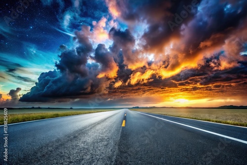 Empty Asphalt Road Panorama, Night Photography, Cloudy Sky, Dark Tarmac, Night Drive,  Road Trip,  Highway, Asphalt Texture, Night Scene, Dramatic Sky photo