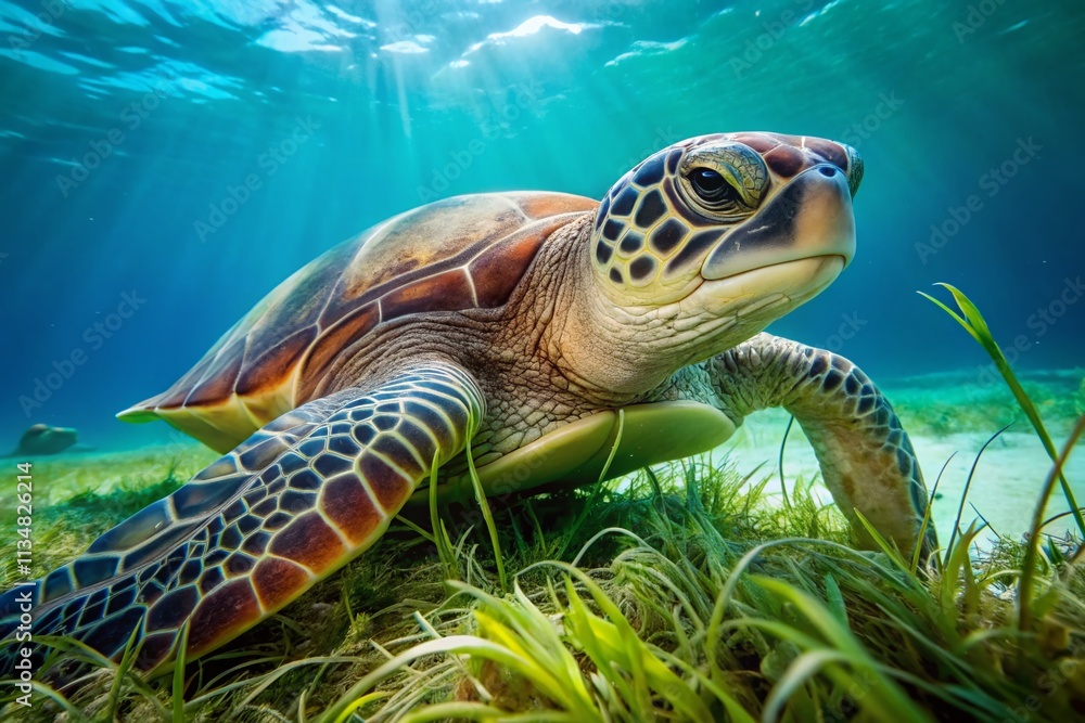 Obraz premium Close-Up of a Great Green Sea Turtle Grazing on Seagrass in Clear Blue Waters During a Sunny Day – Capturing the Beauty of Marine Life Underwater