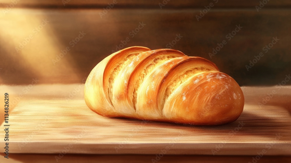 Freshly Baked Loaf of Bread on Wooden Cutting Board with Warm Lighting and Soft Texture, Perfect for Culinary or Bakery Themes Freshly Baked Loaf of Bread on Wooden Cutting Board with Warm Lighting and Soft Texture, Perfect for Culinary or Bakery Themes