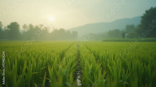 Serene Sunrise Over Lush Green Rice Paddy Fields in Misty Morning Landscape