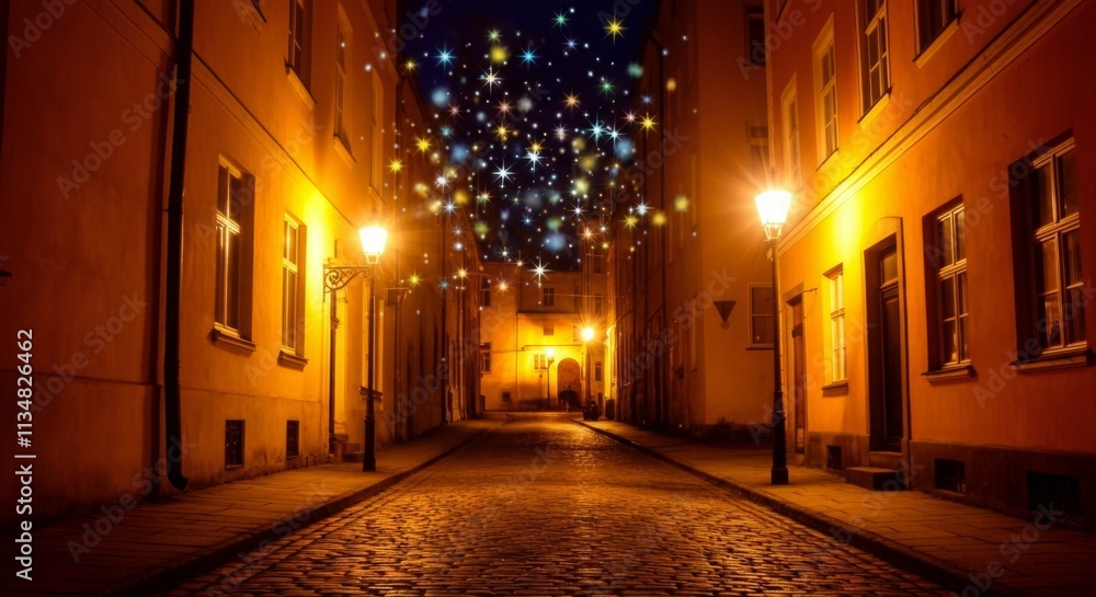 Fototapeta premium Enchanting night street with glowing lanterns and magical stars