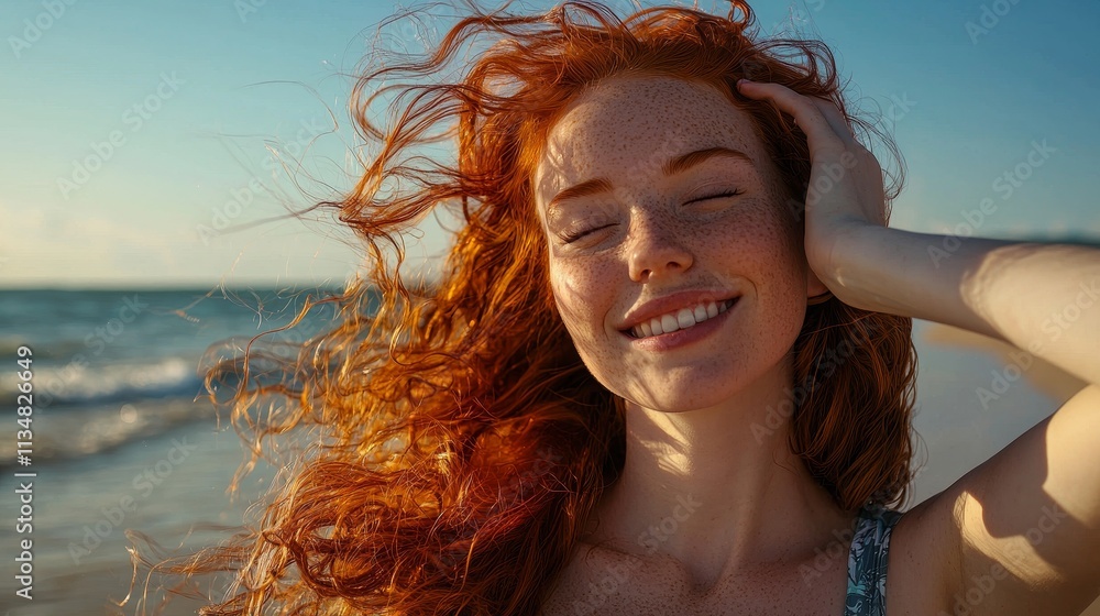 Happy red-haired woman enjoying sunlight on the beach Happy red-haired woman enjoying sunlight on the beach