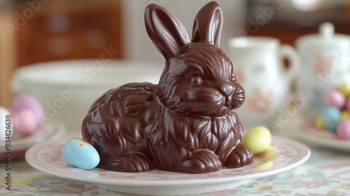 Delicious Chocolate Easter Bunny with Pastel Eggs on a Plate photo