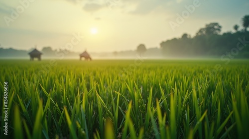 Serene Sunrise over Lush Green Rice Paddy Field in Rural Asia