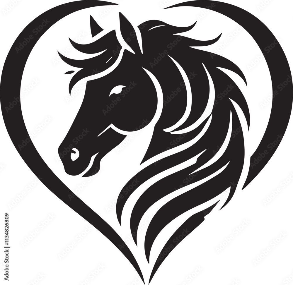 Fototapeta premium Horse head silhouette within a heart shape vector silhouette black
