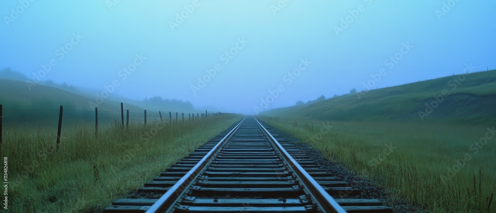 Fototapeta premium A fog-distorted railway stretches into the distance, flanked by barren fields, invoking a sense of solitude and mystery.