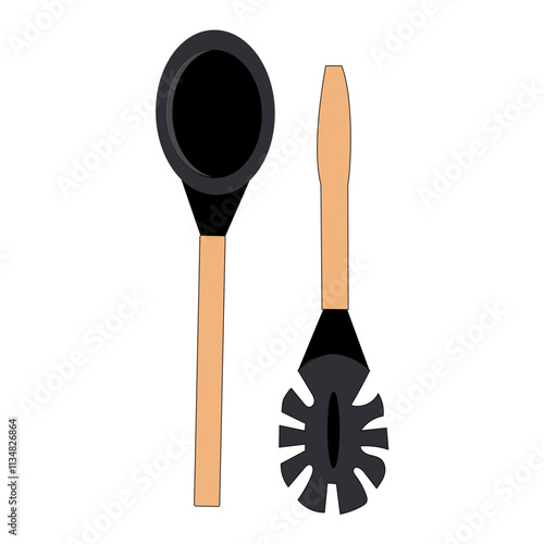 Vector illustration of two kitchen utensils with wooden handles and black silicone heads. Includes a spaghetti spoon and a flat spatula. Simple flat design suitable for food, cooking, or kitchen-relat