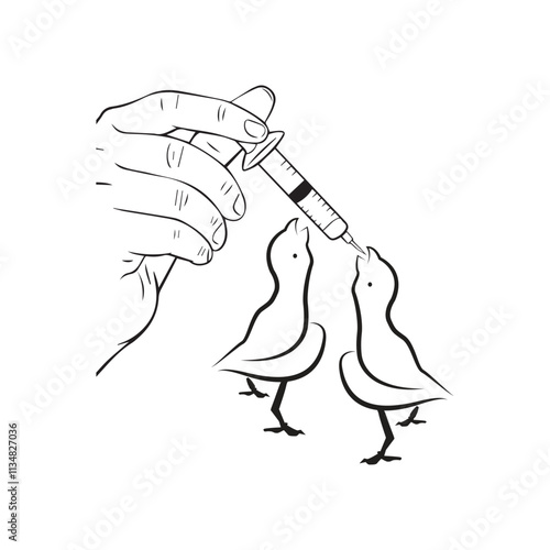 A minimalistic black-and-white vector illustration depicts a tender moment where two baby birds are being fed with a syringe. The scene captures the essence of care and nurturing.