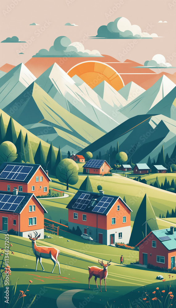 Solar panel and wind mill generating energy depicted in artwork. Solar panel and wind mill generating energy depicted in artwork.