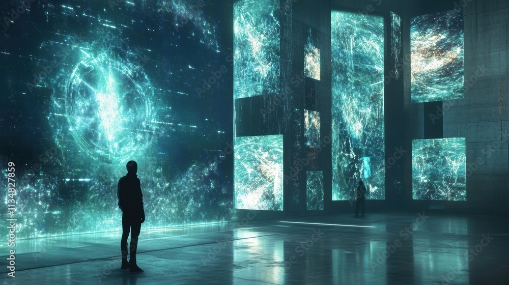 Fototapeta premium Visitors explore a digital gallery featuring stunning virtual artworks displayed on large screens, creating an immersive experience. Generative AI