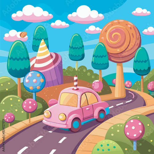 Cartoon Candy land landscape with a car