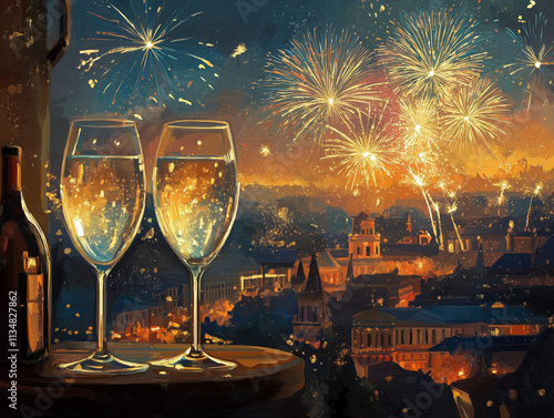 old style illustration vintage new year fireworks, city landscape, wine glasses