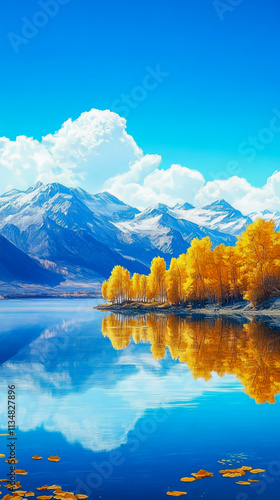 A breathtaking landscape featuring a calm lake reflecting golden autumn trees, snow-capped mountains, and a vivid blue sky with fluffy clouds