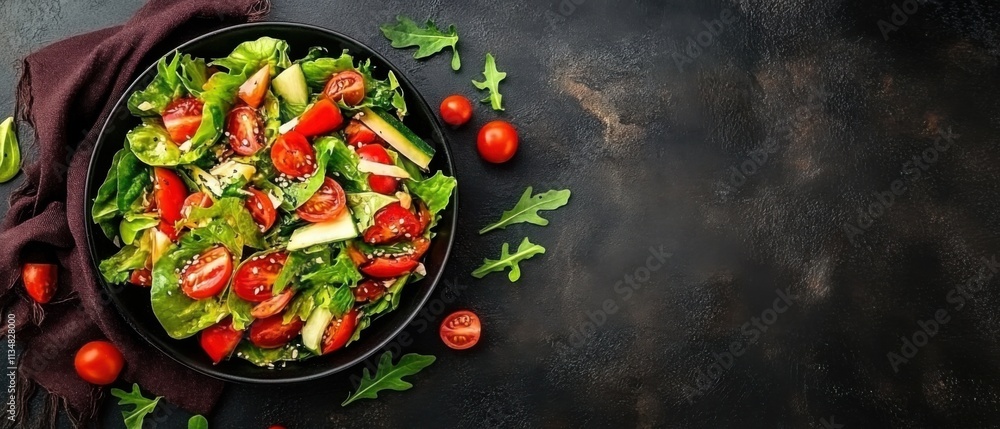 Delicious and Healthy Fresh Green Salad with Tomatoes and Cucumbers Delicious and Healthy Fresh Green Salad with Tomatoes and Cucumbers