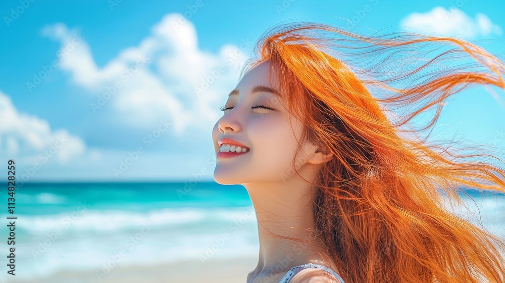 Smiling red-haired woman with sunglasses enjoying the beach Smiling red-haired woman with sunglasses enjoying the beach