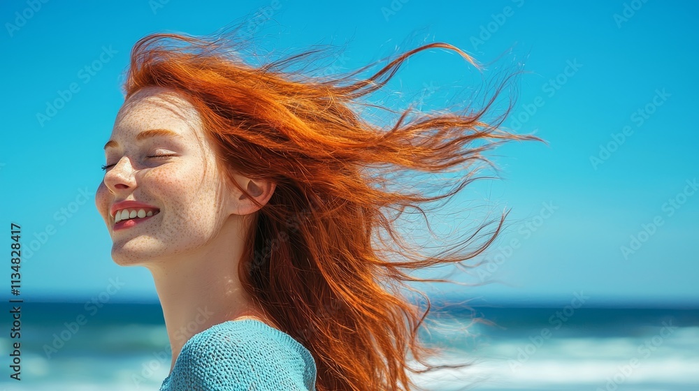 Smiling red-haired woman with sunglasses enjoying the beach Smiling red-haired woman with sunglasses enjoying the beach