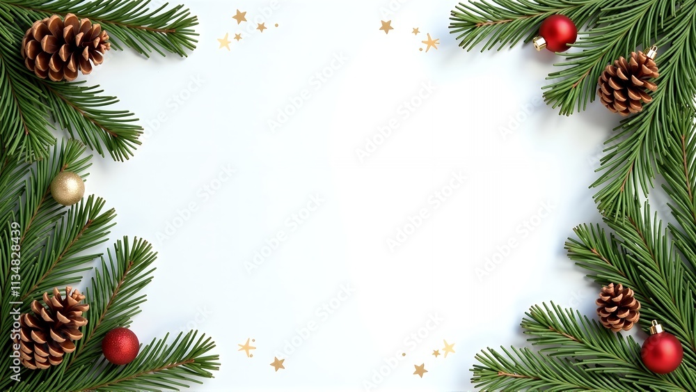 Festive Christmas Border with Pine Branches, Cones, and Ornaments Festive Christmas Border with Pine Branches, Cones, and Ornaments