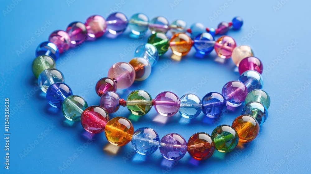 A beaded necklace with colorful gemstones, arranged on a solid royal blue background. A beaded necklace with colorful gemstones, arranged on a solid royal blue background.