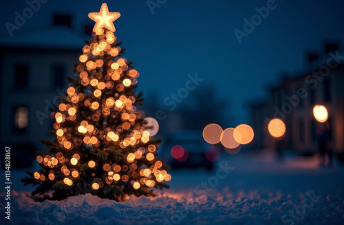 Christmas light tree on blurred blue background with bokeh. Greeting card, invitation. Festive concept of Christmas and New Year.