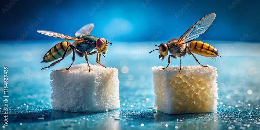 Naklejka premium Close-Up of a Rough Fly and Wasp on Sugar Cubes Against a Blue Background Captured in Low Light Photography