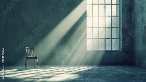 Light streams through a window illuminating a solitary chair in an empty room