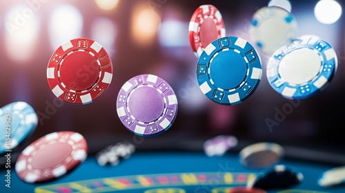 Colorful casino chips floating above a gaming table, creating a vibrant gambling atmosphere. photo