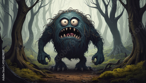 Cartoonish monster with a perpetual frown wandering through a twisted dark forest with copy space photo