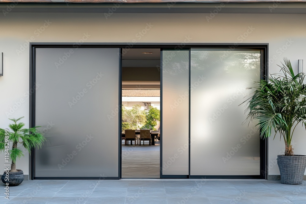 Obraz premium Aluminum sliding door with integrated smart glass technology, offering privacy with a switchable opaque feature.