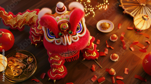 Joyful Chinese Lunar New Year Celebration with Red Lanterns, Firecrackers, Traditional Lion Dance, and Family Reunion Dinner Showcasing Cultural Heritage and Festive Atmosphere