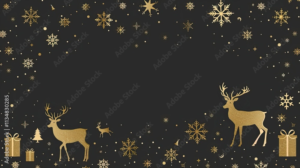 A horizontal gold border made of Christmas deer and snowflakes A horizontal gold border made of Christmas deer and snowflakes