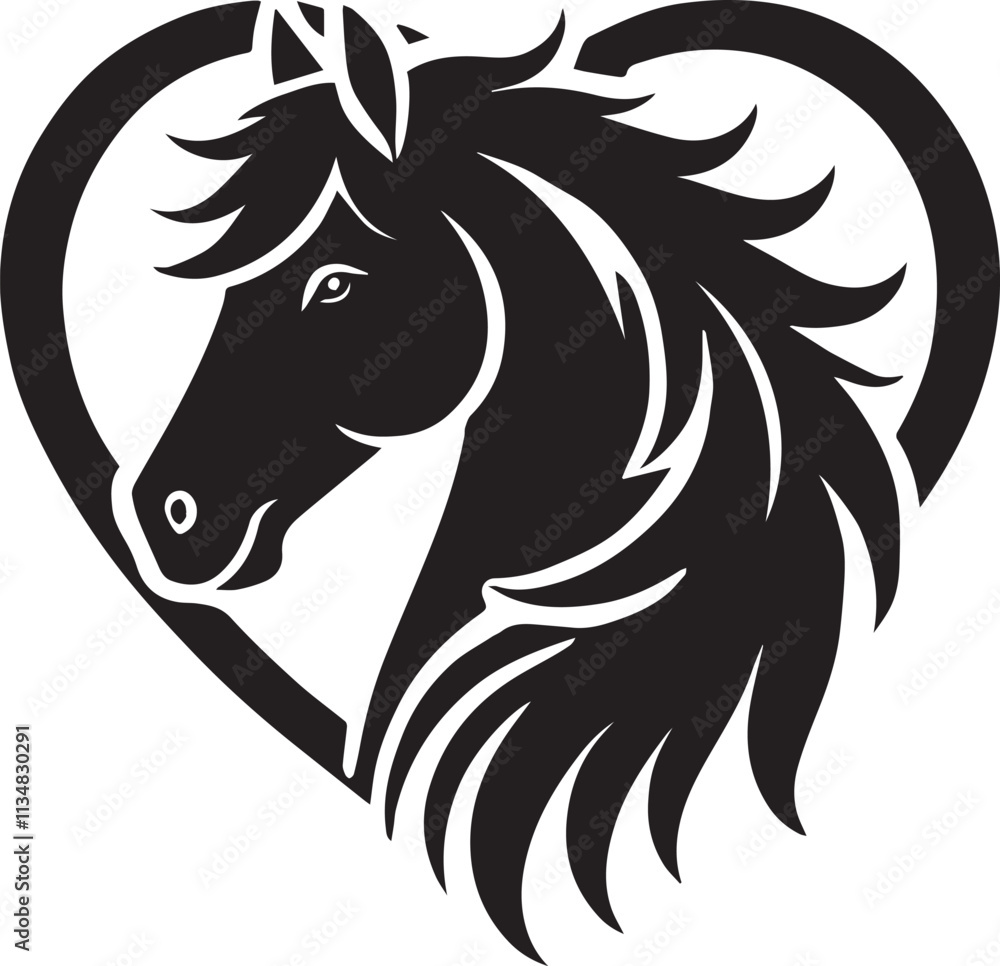 Obraz premium Horse head silhouette within a heart shape vector silhouette black