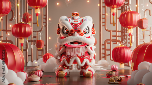 Joyful Chinese Lunar New Year Celebration with Red Lanterns, Firecrackers, Traditional Lion Dance, and Family Reunion Dinner Showcasing Cultural Heritage and Festive Atmosphere