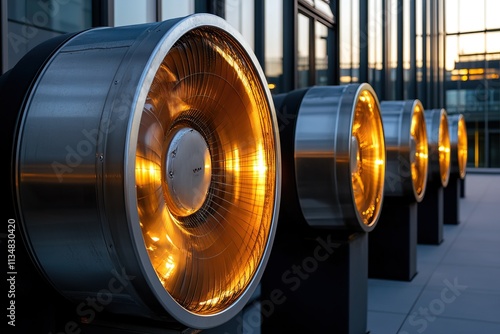 A row of modern outdoor heaters with glowing amber lights, showcasing sleek metallic designs against a backdrop of glass buildings. photo