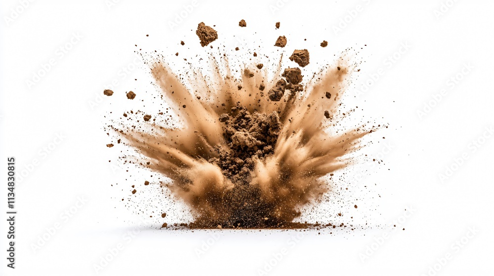 Explosive burst of dirt and debris against a white background, conveying motion and power. Explosive burst of dirt and debris against a white background, conveying motion and power.