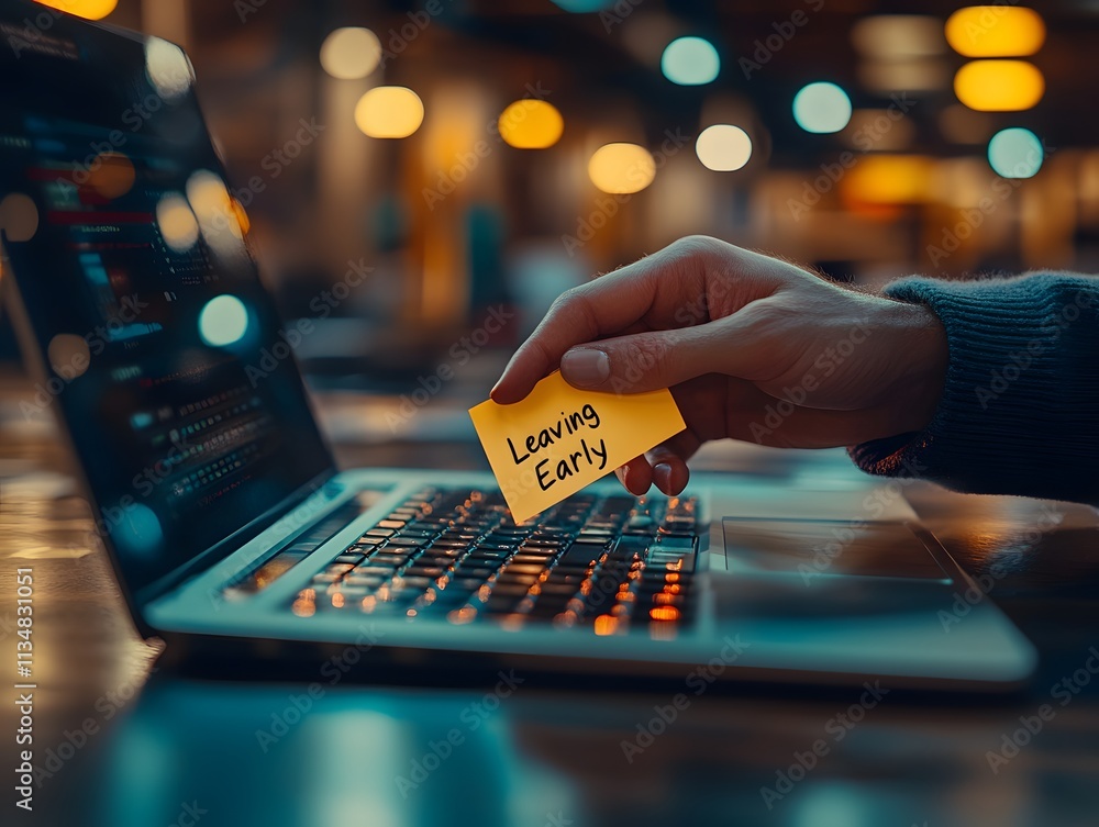 Leaving Early: A Person's Hand Placing a Sticky Note on a Laptop Keyboard Leaving Early: A Person's Hand Placing a Sticky Note on a Laptop Keyboard