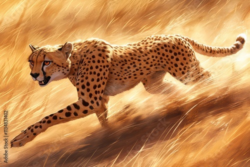 A dynamic illustration of a cheetah sprinting through tall grass. photo