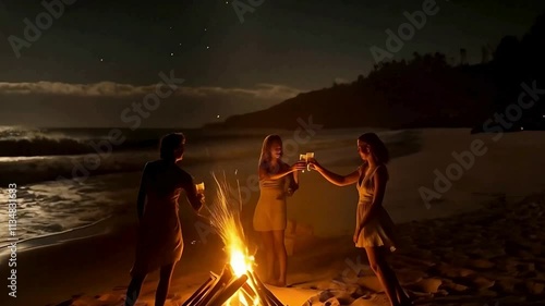 Silhouettes of friends clinking glasses around a bonfire on the beach, with glowing flames and shimmering waves in the distance.