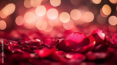 A Valentine card background featuring bokeh light effects and scattered rose petals in a romantic theme 