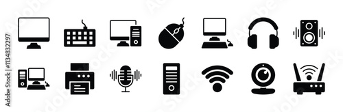 Computer or electronic devices icons vector. Containing monitor, keyboard, mouse, headphone, speaker, desktop, printer, microphone, network, camera, central processing unit, wifi, wireless, router