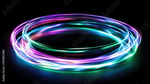 green, pink, blue and purple light lines on black background Vibrant neon light circles abstract art