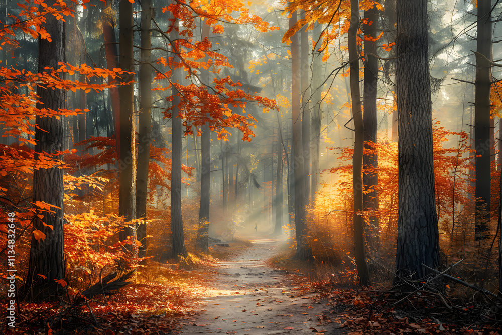 Sunlit Autumn Path: Stroll Through a Vivid Forest of Red, Orange, and Yellow Leaves in Fall Splendor Sunlit Autumn Path: Stroll Through a Vivid Forest of Red, Orange, and Yellow Leaves in Fall Splendor